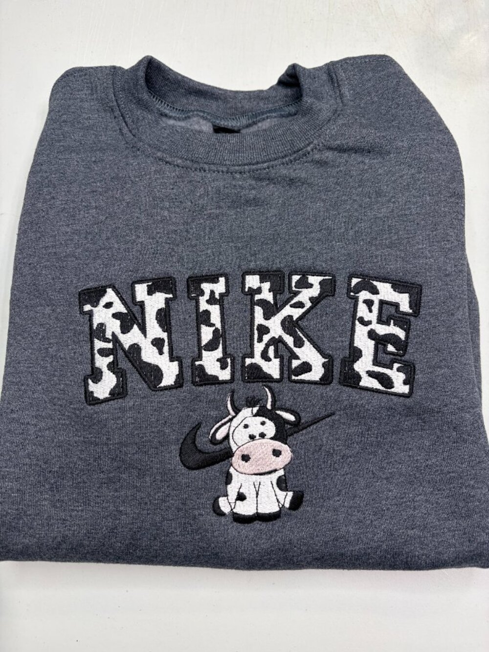 Nike Cow Sweatshirt Embroidered Adult Unisex Crewneck BLACK Spotted Farm Animal